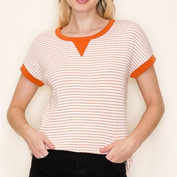 Women's Orange and White Stripe T-shirt Staccato Size Small - Picture 4 of 5